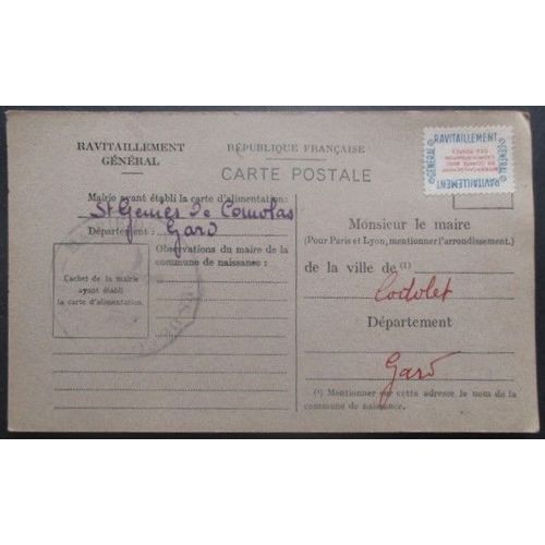 France Service N°15a Sur Carte De Ravitaillement De St Genies (Gard) Pour Codolet (Gard)