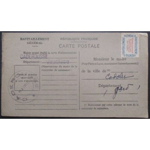 France Service N°15a Sur Carte De Ravitaillement De Caderousse (Vaucluse) Pour Codolet (Gard)