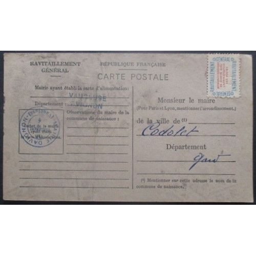 France Service N°15a Sur Carte De Ravitaillement De Avignon (Vaucluse) Pour Codolet (Gard)