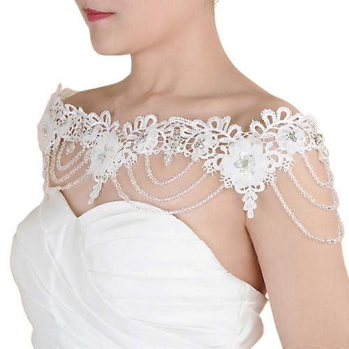 Mariage Bijoux De Mariée Off Shoulder Chain Collier Broderie Dentelle Fleur Bavoir Collier Perle En Cristal Châle Harnais