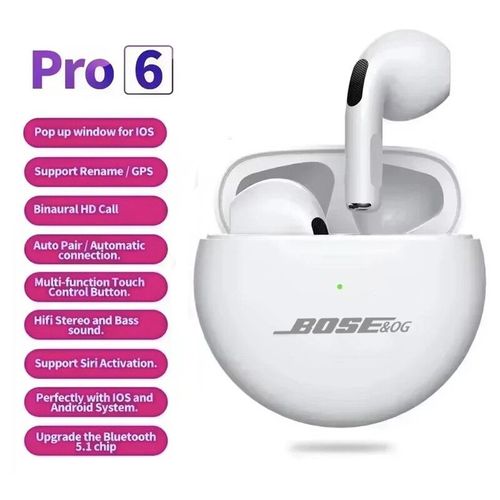 BOSE&OG Pro 6 TWS-Casque sans fil avec micro,écouteurs Bluetooth,jeu de sport,casque de course pour Android,IOS 2025 - Type White