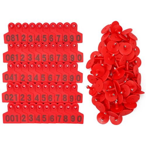 100 pièces vache cochon chèvre oreille étiquettes animaux oreille étiquette cartes 001-100 3 couleurs Identification numérique ferme animaux bétail alimentation - Type Red