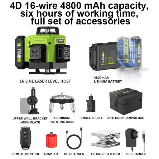 Niveau Laser Rotatif 4D 16 Lignes Vert 360° Autonivelant - Kit Complet Pro Avec Valise - Neuf