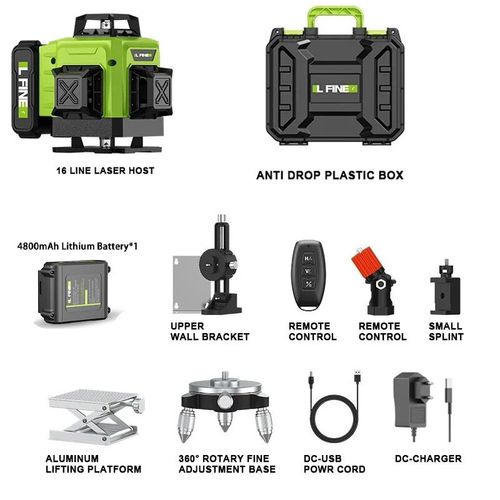 LFINE niveau Laser 16 lignes avec valise auto-nivelant croix horizontale et verticale lumière verte outils Laser Nivel professionnels - Type suitcase version