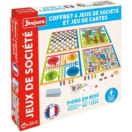 Mondodigitale-8456-Coffret 4 Jeux De Societe Et Jeu De Cartes-Pions En Bois-Pour Partager En Famille Ou Entre Amis Le Plaisir Du Jeu-À Partir De 3 Ans