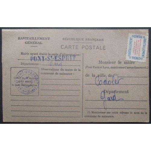 France Service N°15a Sur Carte De Ravitaillement De Pont St Esprit (Gard) Pour Codolet (Gard)