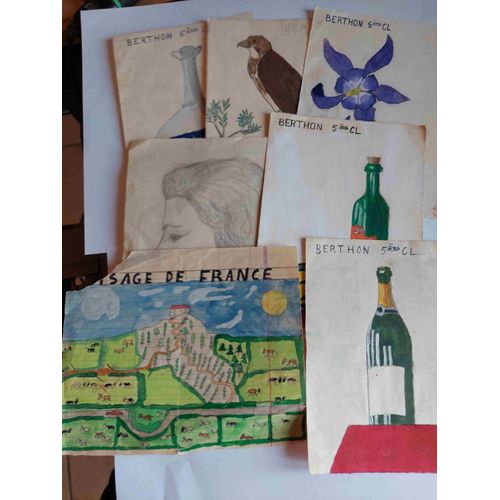 Lot De 7 Jolis Dessins Et Tableau D'adolescent, Année 1957, Provenance Algérie Élève De 5ème