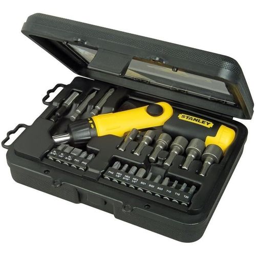 MONDODIGITALE-0-63-022 Tournevis Porte Embouts Magnétique À Cliquet Poignée Revolver-17 Embouts Et 6 Douilles-Poignée Orientable À 45,90 Ou 180°-Stockage Intégré-Coffret De 25 Pièces