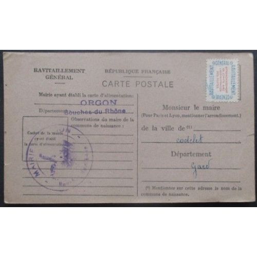 France Service N°15a Sur Carte De Ravitaillement De Orgon (13) Pour Codolet (Gard)