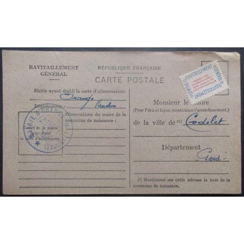 France Service N°15a Sur Carte De Ravitaillement De Orange (Vaucluse) Pour Codolet (Gard)
