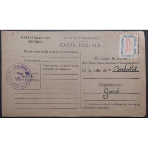 France Service N°15a Sur Carte De Ravitaillement De Lyon (Rhone) Pour Codolet (Gard)