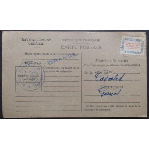 France Service N°15a Sur Carte De Ravitaillement De Orange (Vaucluse) Pour Codolet (Gard)