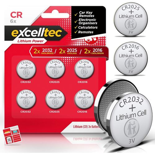 MONDODIGITALE-Excelltec Lot De 6 Piles Bouton Au Lithium Assorties Cr2032,Cr2025,Cr2016,Durables Et Fiables Pour Clés De Voiture,Balances,Montres,Télécommandes Et Petits Appareils Électroniques