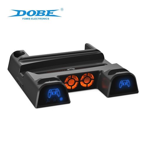 Base De Ventilateur Multifonction Pour Console Ps5 Avec Lumière Bleue Station De Chargement Pour Contrôleur De Jeu Ps5 + Support De Stockage De Disque | Accessoires Compatibles-Noir