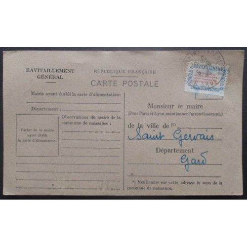 France Service N°15a Sur Carte De Ravitaillement De Bourg St Andeol (Ardèche) Pour St Gervais (Gard)