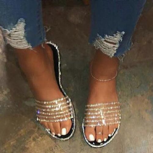 Femmes Paillettes Strass Sandales Pantoufles Peep Toe Slides Été Casual Party Chaussures Plates