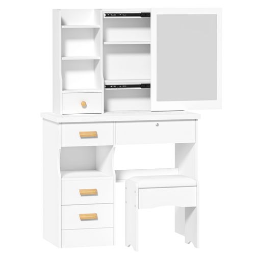 Bureau De Coiffeuse Avec Miroir Coulissant, Coiffeuse De Chambre À Coucher, Table De Maquillage Avec 5 Tiroirs Et Étagères, Espace De Rangement Caché