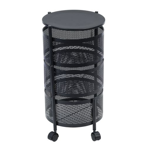 Chariot de rangement de cuisine, panier rotatif circulaire à 5 niveaux, grand support de rangement avec roues à 360 degrés, étagère en fil métallique pour fruits et légumes avec couvercle supérieur pour salon, bureau, noir
