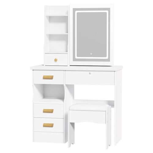 Coiffeuse Avec Grand Miroir Éclairé Coulissant Réglable En 3 Couleurs, Ensemble De Bureau Avec 5 Tiroirs Et Plusieurs Étagères De Rangement Cachées, Bureau De Chambre À Coucher Avec Tabouret Rembourré
