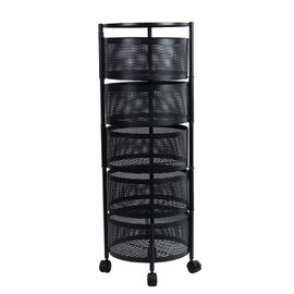 Chariot de rangement de cuisine, panier rotatif circulaire à 5 niveaux, grand support de rangement avec roues à 360 degrés, étagère en fil métallique pour fruits et légumes avec couvercle supérieur pour salon, bureau, noir