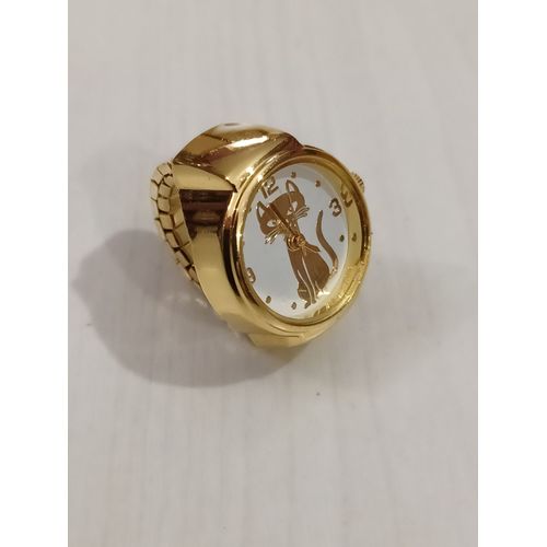Bague Montre Métal Doré , Cadrant Rond,Fond Blanc,Motif Chat