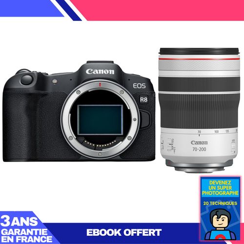 Boitier Canon EOS R8 + RF 70-200mm f/4 L IS USM + Ebook 'Devenez Un Super Photographe'