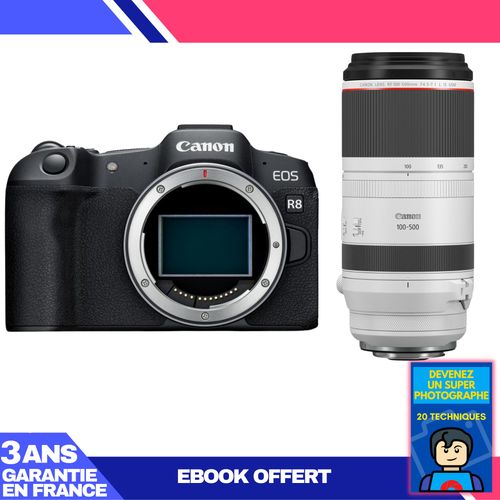 Boitier Canon EOS R8 + RF 100-500mm f/4.5-7.1 L IS USM + Ebook 'Devenez Un Super Photographe'