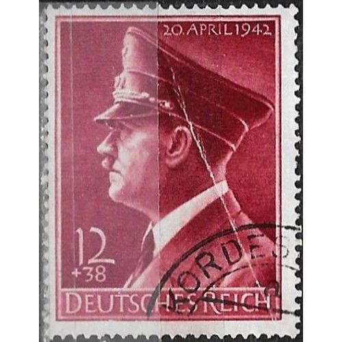 Allemagne, 3ème Reich 1942, Beau Timbre Yvert 737, 53ème Anniversaire Chancelier Hitler, 12 + 38pf. Rouge, Oblitéré, Pli Oblique - Petit Prix.
