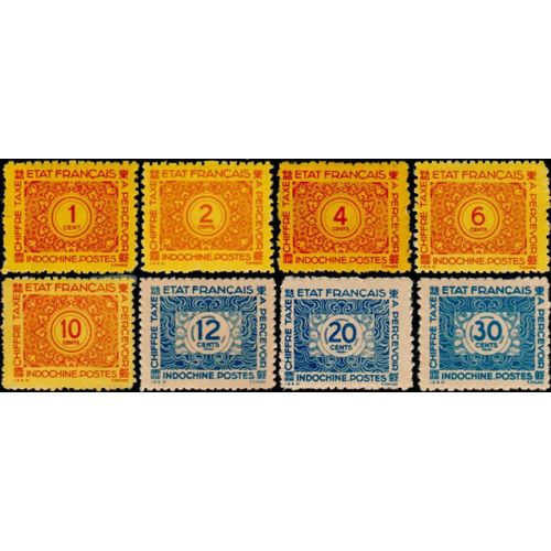 Indochine (Actuel Vietnam), Colonie Française 1944, Belle Série Timbres Taxe Neufs** Yvert 75 À 83 - Sauf 77 Manquant, Chiffre De Valeur Dans Un Rond, En Rose Sur Orange Ou Bleu Sur Saumon.