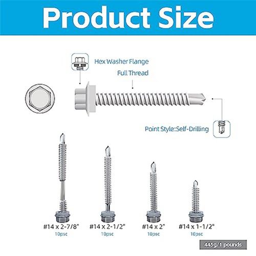 40pcs 14 X 1-1/2 Pouces  2-7/8 Vis Autoperceuses Pour Mtal, Tle En Acier Inoxydable, La Construction Et Rparation