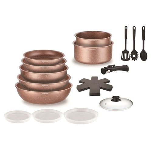 Batterie De Cuisine Arthur Martin 18 Pièces En Aluminium Tous Feux Avec Ustensiles Et Poignée Amovible - Couleur Cuivre