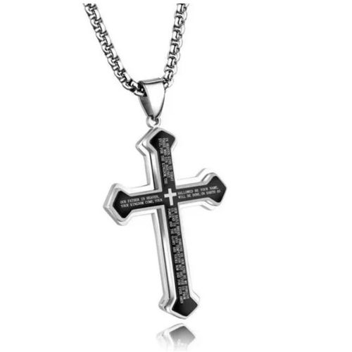 Bijoux Pendentif Collier Homme Croix Chrétienne Acier Inoxydable Chaîne Réglable Pour Homme - Inscription Religieuses