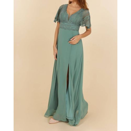 Robe Cérémonie Bohème Manche Courte Dentelle Vert Avocat Taille 40