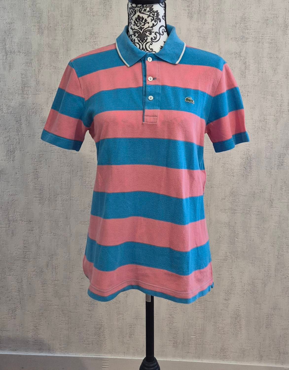 Polo Lacoste Manche Courte Bleu Et Rose À Rayure Taille 3 L 40