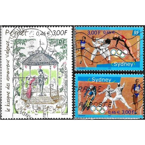 France 2000, Beaux Timbres Oblitérés Yvert 3340 Et 3341 Jeux Olympiques De Sydney - Australie, Et 3359 Hommage Au Dessinateur Peynet, "Le Kiosque Des Amoureux.