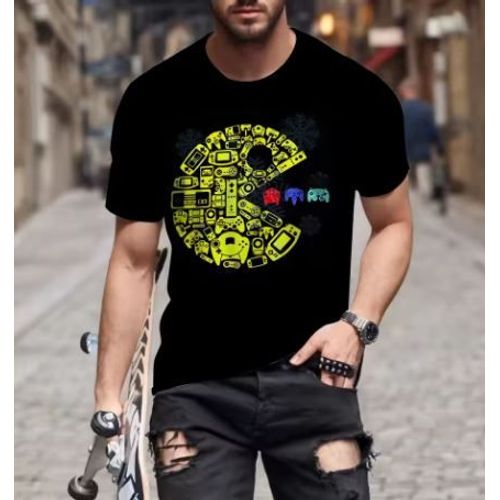 T-Shirt Univers Jeux Vidéo Stylisé Pacman À Col Rond Pour Homme Et Femme, Motif De Lettre Graphique, Personnalisation. Existe En Plusieurs Tailles