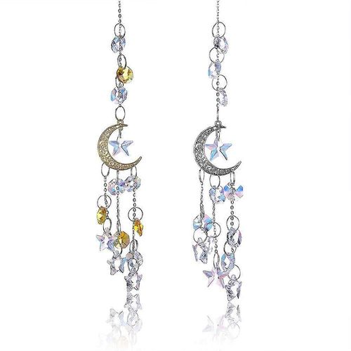 2 Pack CrystalTears Moon Star Crystal Suncatcher Hanging Chandelier Crystals Ball Prisms Window Suncatchers Rainbow Maker Pendant for Home Garden Car