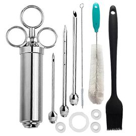 Seringue injecteur de viande en acier inoxydable avec 3 aiguilles d¿injection de marinade pour fumoir barbecue grill, 2 oz grande capacité