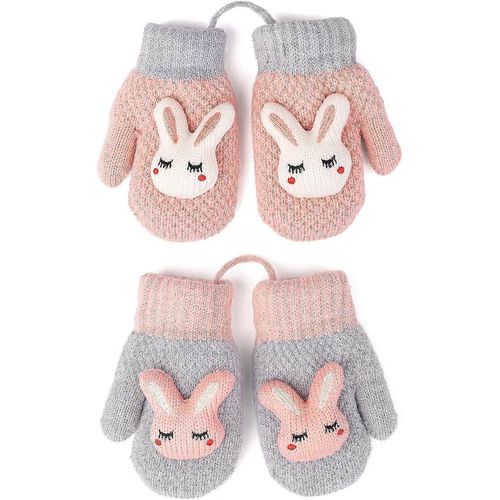 2 Pairs Kids Mittens With String - Winter Warm Stretch Knit Full Finger Snow Gloves For Children