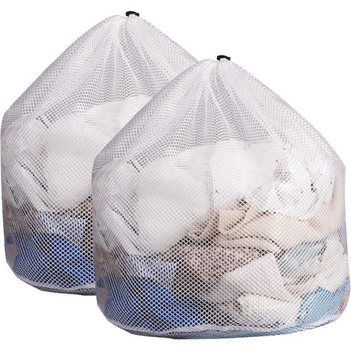 2 Pack White Mesh Laundry Bags - Extra Large Sturdy Drawstring Net Bags For Delicates