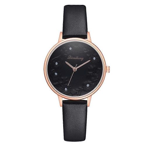 Faux Perle Quartz Couleur Unie Imprimé Floral Cadran Motif Pu Bracelet En Cuir Montre Femme (Noir)