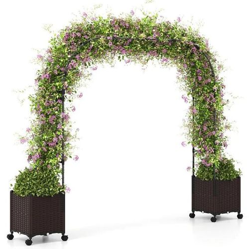Costway Jardinère 288cm 2 Boîtes De Plantation Avec Arche De Jardin Pour Plantes Grimpantes, Trou De Drainage, Roues Verrouillables
