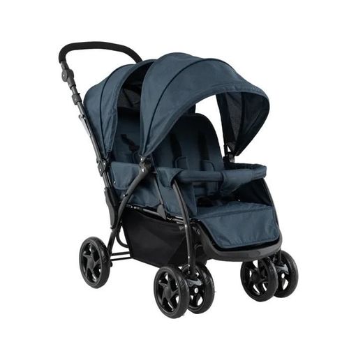 Costway Poussette Jumelle Pliable Double Bébé Auvent Capote Réglable Canne Landau 4 Roues Anti-Chocs Harnais À 5 Points-30kg-Bleu