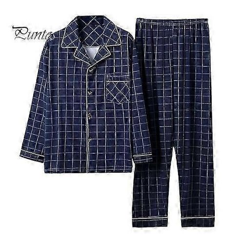 2pcs / Set Hommes Pyjama Ensemble Plaid Imprimé Revers À Manches Longues Chemise Simple Boutonnage Taille Élastique Long Pantalon Ensemble Ample Tenue Loungewear Costume-Yvan