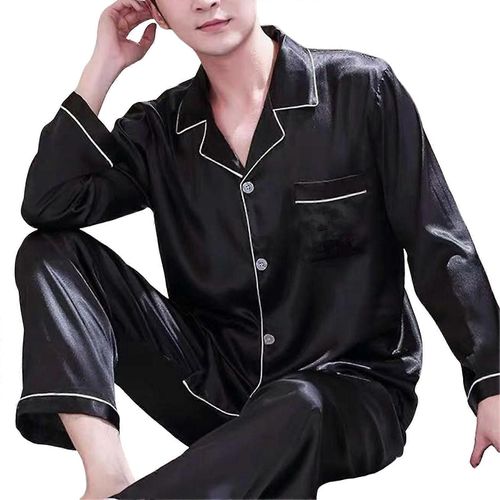 1 Ensemble Hommes Vêtements De Nuit Couleur Unie À Manches Longues À Simple Boutonnage Home Wear Glace Soie Lâche Plus La Taille Pyjama Ensemble