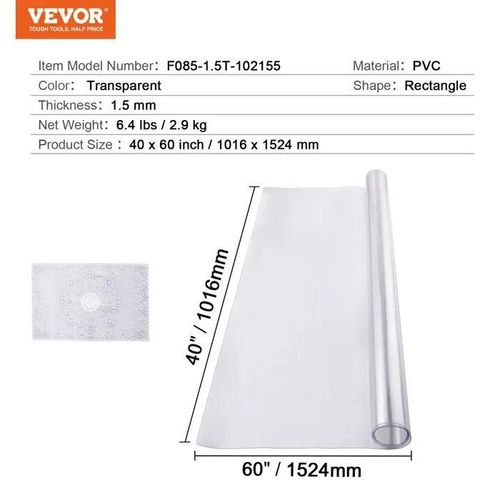 Nappe De Table En Pvc Transparent-Vevor-1016x1524 Mm-Épaisseur De 1,5 Mm-Rectangulaire-Résistante À L'eau-Facile À Nettoyer