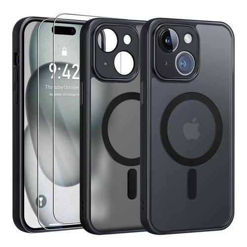 Coque Noir Magnétique Pour Iphone 15 + 2 Verre Trempé, Compatible Avec Magsafe, Protection Caméra ,Translucide Antichoc - Hqselection®