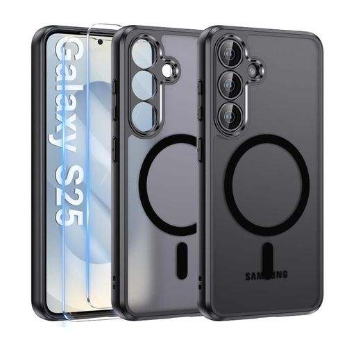 Coque Noir Magnétique Pour Samsung Galaxy S25 Et 2 Verre Trempé, Compatible Avec Magsafe, Protection Caméra ,Antichoc - Hqselection®