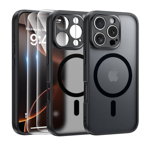 Coque Noir Magnétique Pour Iphone 16 Pro Max + 2 Verre Trempé, Compatible Avec Magsafe, Protection Caméra , Antichoc - Hqselection®