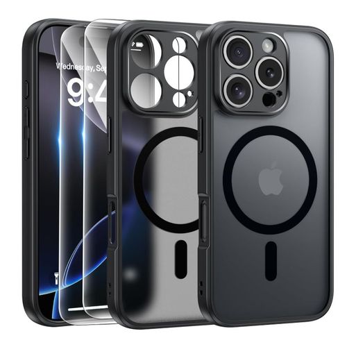 Coque Noir Magnétique Pour Iphone 16 Pro + 2 Verre Trempé, Compatible Avec Magsafe, Protection Caméra ,Translucide Antichoc - Hqselection®